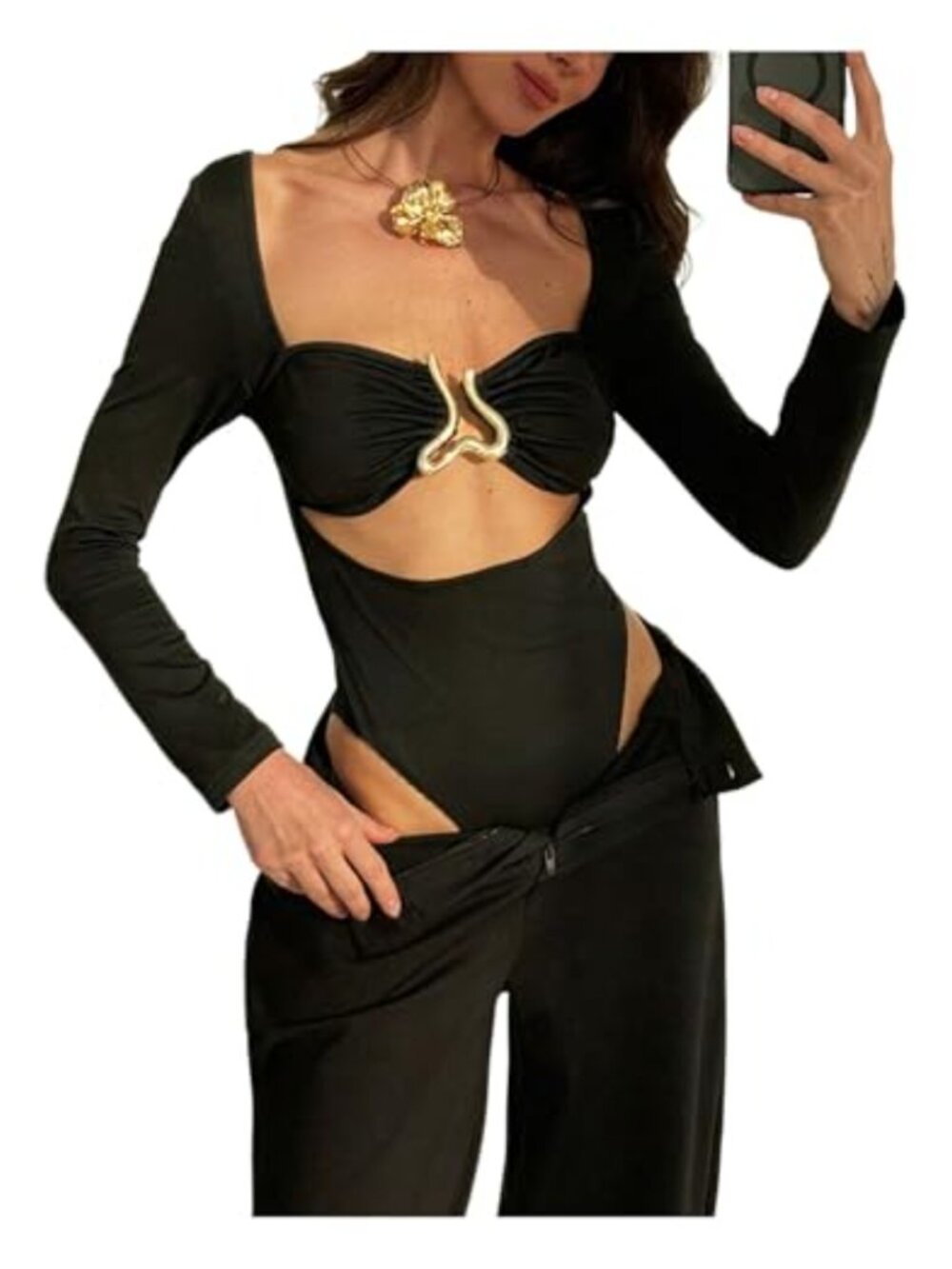 Cut Out Metal Long Sleeve Bodysuit Sexy Going Out Leotard Top
